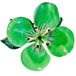 Vintage 1960s Green Enamel Flower Brooch Layered Leaves Mod Mid Century Pin